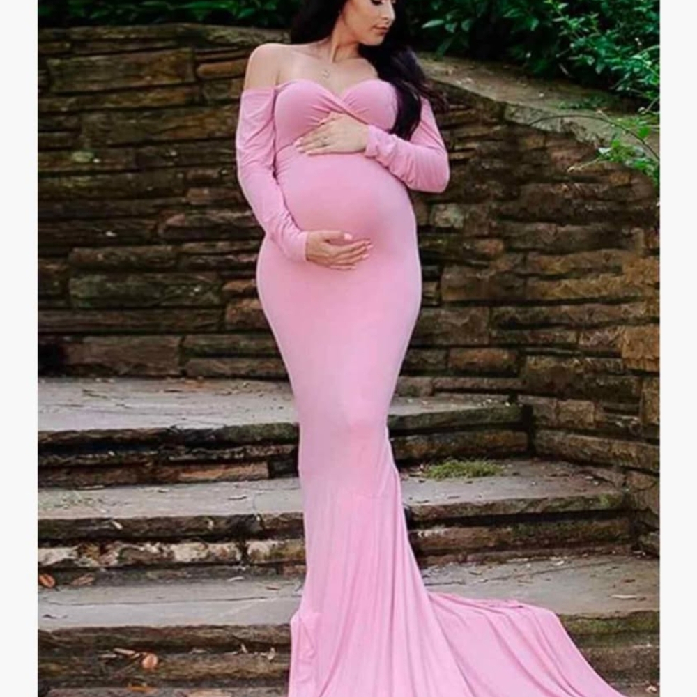 NWOT Elegant Pink Maternity Off-Shoulder Dress